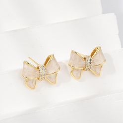 Настоящее золото 18K Серьги-гвоздики из латунного микро-паве, с эмалью, без свинца и без кадмия, долговечный, бантом, реальный 18 k позолоченный, 15x18.5 мм