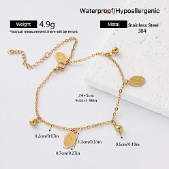 Virgin 304 Tobilleras con dijes de acero inoxidable para mujer, dorado, virgen, 9-1/2 pulgada (240 mm)
