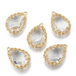 Прозрачный Прозрачные стеклянные подвески, для изготовления ювелирных изделий DIY, с латунной фурнитурой , граненые, слеза, золотой свет, прозрачные, 19x14x4.5 мм, отверстие : 1.2 мм