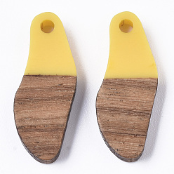 Yellow Opaque Resin & Waxed Walnut Wood Pendants, Oval, Yellow, 23x9x3mm, Hole: 1.8mm
