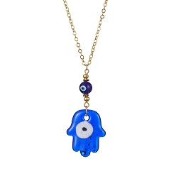 Golden Transparent Handmade Lampwork Religion Hamsa Hand Pendant Necklaces, Blue Evil Eye Necklace with Brass Cable Chains, Golden, 15.39 inch(39.1cm)