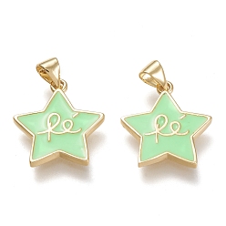 Light Green Brass Enamel Pendants, Real 18K Gold Plated, Star, Light Green, 18.5x17x2mm, Hole: 3.5x5mm