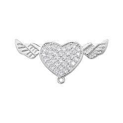 Platin Farbe Messing Micro Pave klare Zirkonia Brosche Befunde, cadmiumfrei und bleifrei, mit Schlaufen, Herz mit Engelsflügel, Platin Farbe, 34x16x6.5 mm, Bohrung: 1.2 mm