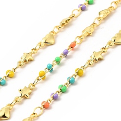 Colorful Brass Heart and Star Link Chains, with Enamel Beaded, Real 18K Gold Plated, Soldered, with Spools, Long-Lasting Plated, Colorful, 10x4.5x2mm, 9x4.5x2mm, 5.3x3x2mm