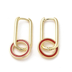 Red Real 18K Gold Plated Brass Ring Dangle Hoop Earrings, with Enamel, Red, 30x13mm