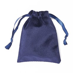 Marine Blue Velvet Jewelry Drawstring Bags, with Satin Ribbon, Rectangle, Marine Blue, 10x8x0.3cm