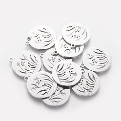Нержавеющая Сталь Цвет Не тускнеющие 201 подвески из нержавеющей стали, плоский круглый с растительным узором, цвет нержавеющей стали, 20x18x1.1 мм, отверстие : 1.5 мм