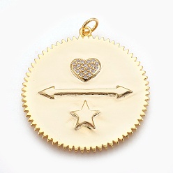 Real 18K Gold Plated Brass Micro Pave Cubic Zirconia Pendants, Long-Lasting Plated, Flat Round with Heart and Star, Lead Free & Nickel Free & Cadmium Free, Clear, Real 18K Gold Plated, 35x32x2mm, Hole: 3mm