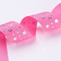 Pink Polyester Grosgrain Ribbon, Star Pattern, Pink, 1 inch(25mm), about 100yards/roll(91.44m/roll)