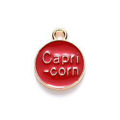Capricorn Alloy Enamel Pendants, Flat Round with Constellation, Light Gold, Red, Capricorn, 15x12x2mm, Hole: 1.5mm, 100pcs/Box