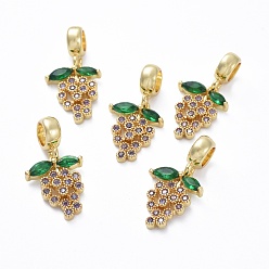 Golden Brass Micro Pave Cubic Zirconia European Dangle Charms, Large Hole Pendants, with Tube Bails, Grape, Colorful, Golden, 24mm long, Hole: 5mm, Grape: 16x12.5x2.5mm