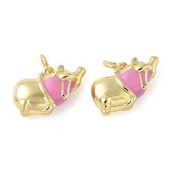 Бледно-Розовый Латунь эмаль подвески, талисман бегемота, с целью перехода в кольце, без свинца и без кадмия, долговечный, стойки покрытие, реальный 18 k позолоченный, розовый жемчуг, 9.5x17x6.5 мм, отверстие : 3.4 мм