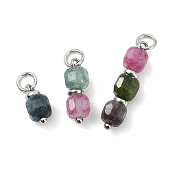 Платина 3шт. 3 стили подвесок из натуральных разноцветных турмалиновых бусин, Граненые кубические подвески из бисера с латунной фурнитурой., платина, 10.5~22.5x5.5x5.5 мм, Перейти кольцо: 5x1 мм, 3.5 мм внутренним диаметром, 1 шт / стиль
