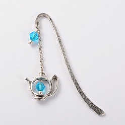 Deep-Sky-blau Tibetischen Stil Lesezeichen / Haarnadeln, mit tibetischen Stil Wasserkocher Glasperlen Zubehör, Antik Silber Farbe, Deep-Sky-blau, 84x13x2 mm