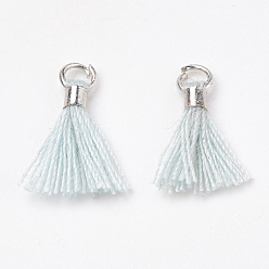 Светло-голубой Кулон с кисточкой из поликоттона (полиэстер), мини-кисточка, с латунными застежками и железными кольцами, платина, светло-голубой, 10~15x3~4 мм, отверстие : 2 мм