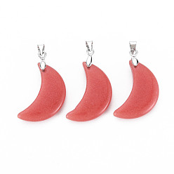 Tomato Synthetic Fluorite Pendants, with Platinum Plated Brass Findings, Moon, Tomato, 25x15x4.5mm, Hole: 3.5x4mm
