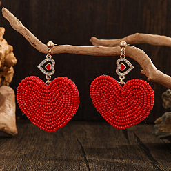 Красный Серьги-гвоздики в стиле бохо из стеклянных бусин ручной работы в форме сердца, золотые, красные, 62x47 мм