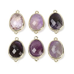 Аметист Подвески с граненым соединителем из натурального аметиста, покрытие стойки латунные овальные звенья, золотые, 22.5~23x13.5~14x6 мм, отверстие : 1.4 мм