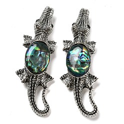 Dark Green Dual-use Items Alloy Crocodile Brooch, with Natural Paua Shell, Antique Silver, Dark Green, 67.5x24x6mm