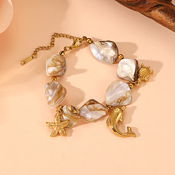 Золотой Браслеты с подвесками из нержавеющей стали с дельфинами, черепахами и морскими звездами, Браслеты из натуральных ракушек и бусин для женщин, золотые, 304 дюйм (6-1/4 см)