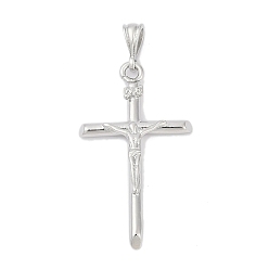 Platinum Brass Pendants, Cadmium Free & Lead Free, Crucifix Cross with Jesus Charms, Platinum, 43.5x24.5x4mm, Hole: 5.5x3mm