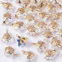 Прозрачный АВ Подвески гальванизируйте стекла, со светлыми позолоченными латунными скобами для ледоруба, граненые, звезда с розой, ясно AB, 16x13.5x7 мм, отверстие : 1.2 мм