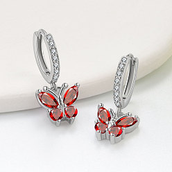 Красный Латунные серьги обруча, бабочка, с кубического циркония, платина, красные, 20 мм