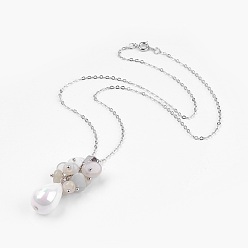 White Moonstone Natural White Moonstone Pendant Necklaces, with Teardrop Shell Pearl Beads, Brass Ball Head pins, 304 Stainless Steel Jump Rings, Iron Head pins and Brass Cable Chains, 17.9 inch(45.7cm), Pendant: 34~35x13mm