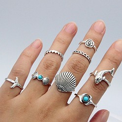 Античное Серебро 8шт. сплав с синтетической бирюзой кольца на палец, форма ракушки/цветка/дельфина, античное серебро, внутренний диаметр: 14~18 мм