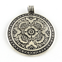 Античное Серебро Стиль тибетского плоские круглые с цветком сплава больших подвесками, без свинца и без кадмия, античное серебро, 54x46.5x2.5 мм, Отверстие : 5 мм , около 86 шт / 1000 г