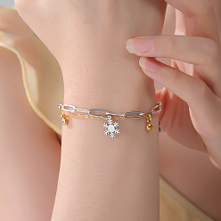 Нержавеющая Сталь Цвет Рождество 304 Браслеты из нержавеющей стали с цепочкой из скрепки, двухслойные, Браслеты с подвесками в виде снежинок и кубического циркония для женщин, два тона, цвет нержавеющей стали, 6.69 дюйм (17 см)
