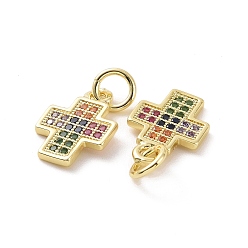 Coloré Micro cuivres ouvrent charmes de zircons, avec anneau de saut, réel 18 k plaqué or, croix, colorées, 13x8.5x2mm, anneau de saut: 5x0.8 mm, diamètre intérieur: 3.2 mm