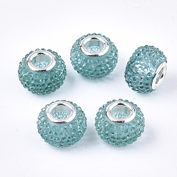 LightSeaGreen Resin Rhinestone European Beads, Large Hole Beads, with Platinum Tone Brass Double Cores, Rondelle, Berry Beads, Turquoise, 14x10mm, Hole: 5mm