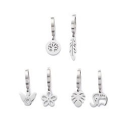 Stainless Steel Color Non-Tarnish 3 Pair 3 Style Leaf & Flower & Butterfly & Tree & Elephant Asymmetrical Earrings, 304 Stainless Steel Dangle Hoop Earrings for Women, Stainless Steel Color, 24~31mm, Pin: 1mm, 1 Pair/style