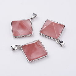 Стеклянный Камень Арбуза Арбуз камень стеклянные подвески, с латунной найти, пирамида, платина, 28.5x32x13 мм, отверстие : 3.5x6 мм