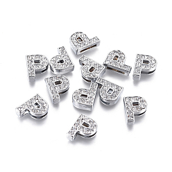 Letter P Alloy Initial Slide Charms with Grade A Rhinestones, Lead Free & Nickel Free, Platinum, Letter.P, 12~13x8~13x4~5mm, Hole: 8x2mm