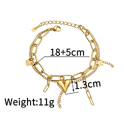 Heart 304 Stainless Steel Rhinestone Charm 2-Strand Bracelets for Women, Golden, Heart, 7.09 inch(18cm)
