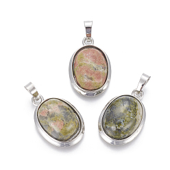 Унакит Природные подвески Unakite, с латунной фурнитурой , овальные, платина, 25~26x17~17.5x8~9 мм, отверстие : 8x5 мм
