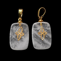 Хрусталь Природного кварца хрустальных подвесок, с латунной фурнитурой и 304 кабошонами из нержавеющей стали, золотые, прямоугольник с цветочным узором подвески, 23~23.5x13~13.5x3.5~4 мм, отверстие : 7.5x4 мм