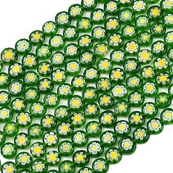Зеленый Ручной Millefiori стеклянные плоские круглые нити бисера, один цветочный дизайн, зелёные, 8x4 мм, отверстие : 1 мм, около 48 шт / нитка, 14.7 дюйм