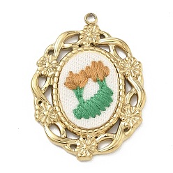 Сэнди Коричневый 304 Подвески из нержавеющей стали и ткани, овальные вышитые цветочные подвески, золотые, песчаный коричневый, 33.5x24.5x3.5 мм, отверстие : 1.8 мм