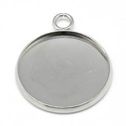 Stainless Steel Color 304 Stainless Steel Pendant Cabochon Settings, Plain Edge Bezel Cups, Flat Round, Stainless Steel Color, Tray: 16mm, 21.5x17.5x1.5mm, Hole: 2.5mm