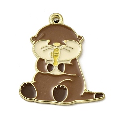 Кокосово-Коричневый Золотили эмали сплава подвески, выдра с рыбными талисманами, кокосового коричневый, 27x25x1.5 мм, отверстие : 1.8 мм
