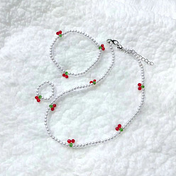 Белый Ожерелья, браслеты и кольца из вишневого стекла и пластика с жемчужными бусинами, белые, 400 мм