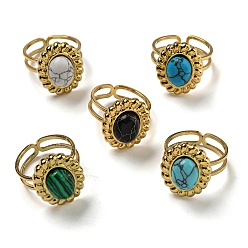 Настоящее золото 18K Ионное покрытие (ip) 304 открытые манжеты из нержавеющей стали, Овальные кольца на палец из синтетического малахита и бирюзы для женщин и мужчин, реальный 18 k позолоченный, регулируемый