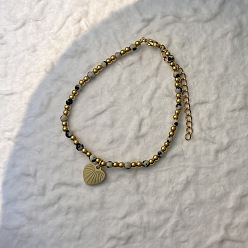 Dalmatian Jasper 201 Stainless Steel Heart Charm Bracelets, Natural Dalmatian Jasper Round Beaded Bracelets, Golden, 6.69 inch(17cm)