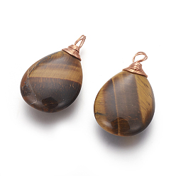 Tiger Eye Natural Tiger Eye Pendants, with Rose Gold Tone Brass Findings, teardrop, 36~37x21~22x7~8mm, Hole: 4~5mm