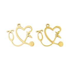 Настоящее золото 18K 5 шт. 201 подвески из нержавеющей стали, лазерная резка, сердце стетоскоп очарование, реальный 18 k позолоченный, 14x15x1 мм, отверстие : 1.2 мм
