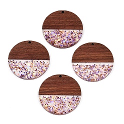 Серо-розавый Подвески из эпоксидной смолы и орехового дерева, с пайеткой / блестками, плоско-круглые, увядшая роза, 38x3.5 мм, отверстие : 2 мм