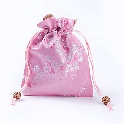 Pink Silk Packing Pouches, Drawstring Bags, with Wood Beads, Pink, 14.7~15x10.9~11.9cm